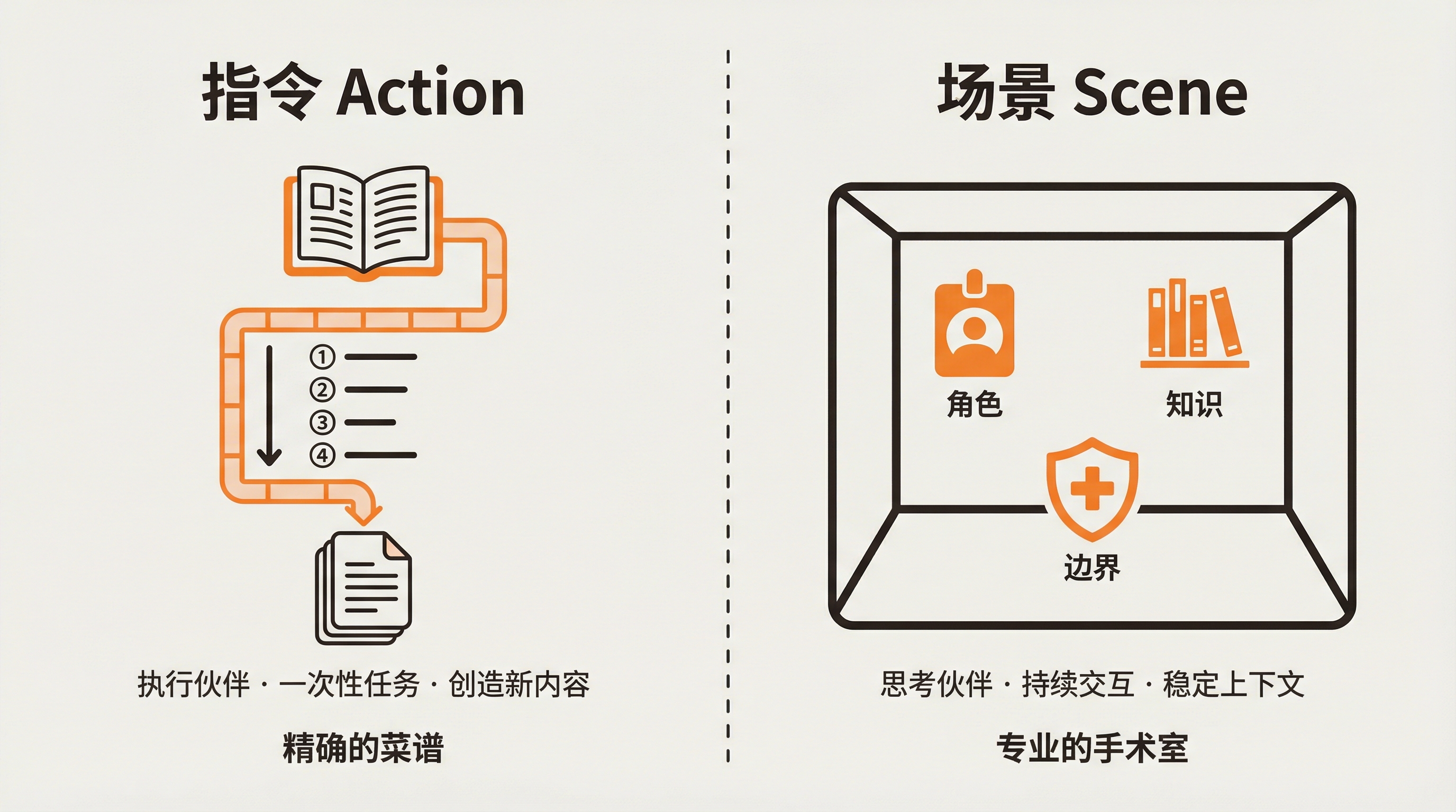 指令像精确的菜谱按步骤输出结果,场景像专业手术室提供角色、知识和边界