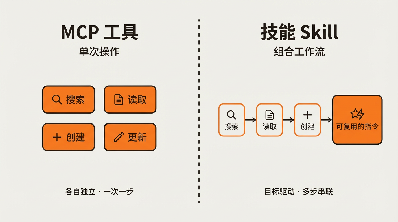 MCP 工具是独立的单次操作,技能将多个工具串联成目标驱动的组合工作流